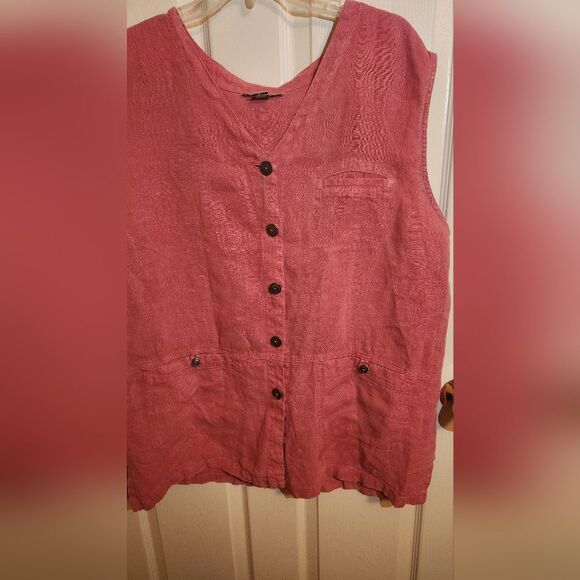 NU Construction XL PinkRedish Slvlss 100% LINEN Pockets Buttons Up Women Tunick - Picture 4 of 9